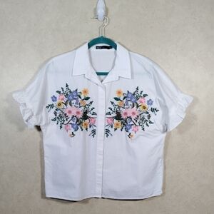 03168 Ina white cotton S/S floral embroidered blouse M